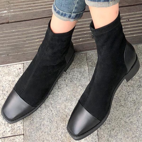 

boots 2021 winter autumn genuine leather handmade women round toe chunky heels shoes slip on feminines ankle, Black