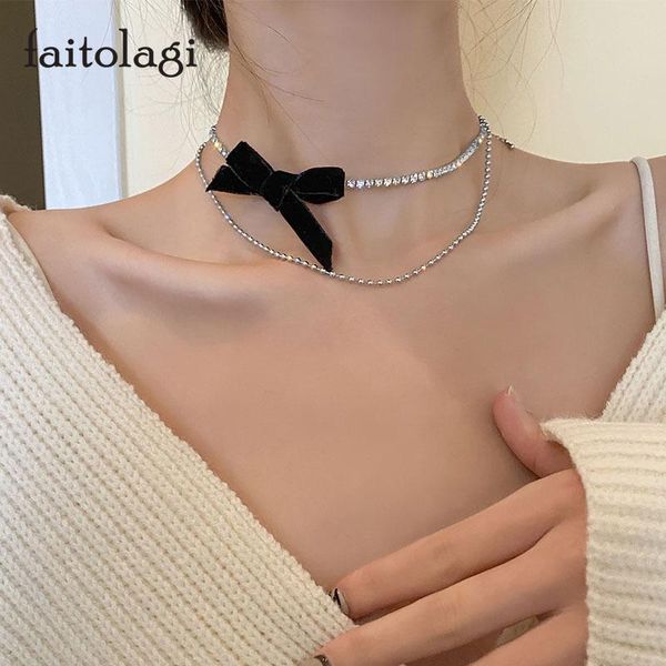 

chokers full rhinestones velvet bow necklace for women double layer charm choker trendy link chain ladies jewelry party gifts, Golden;silver