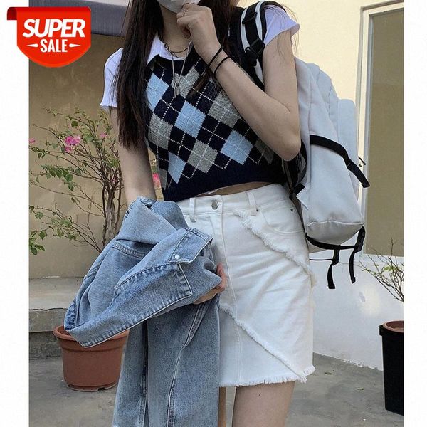 

white short bear sleeve t-shirt half-length skirt suit female rhomboid vest #rd2r