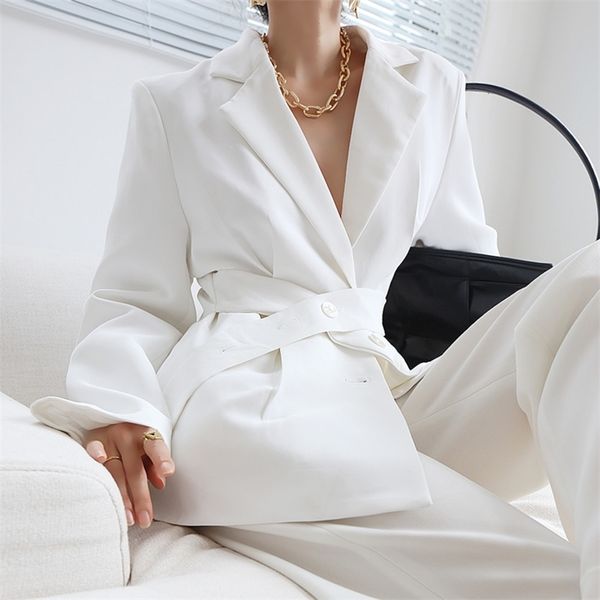 

[ewq] fashion ladies office suits trend coat feminino women white blazer detachable cummerbund tunic autumn 211019, White;black