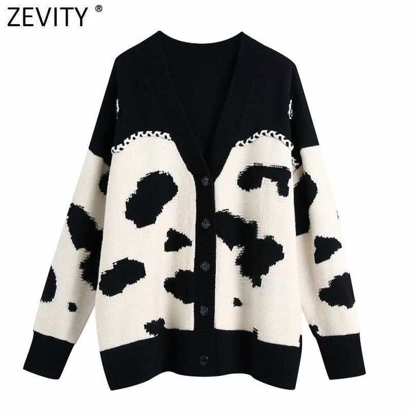 Zevity Frauen Vintage V-Ausschnitt Tiermuster Häkeln Strickjacken Strickpullover Weibliche Chic Langarm Kontrastfarbe Tops S703 210603