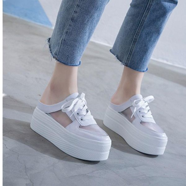 

summer women mesh lace casual shoes flat platform wedge height increasing hollow hole breathable sneakers slippers, Black