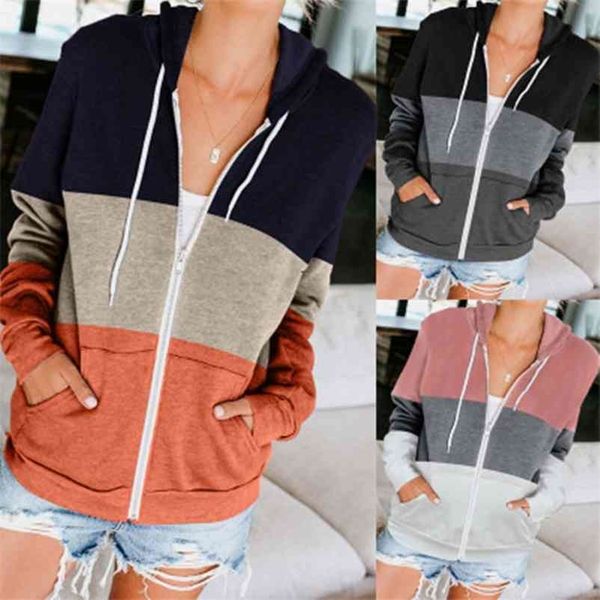 

women autumn winter hoodie coats casual warm zipper jacket hoodies pocket color patchwork hooded hoody womens fall clothing 210520, Black