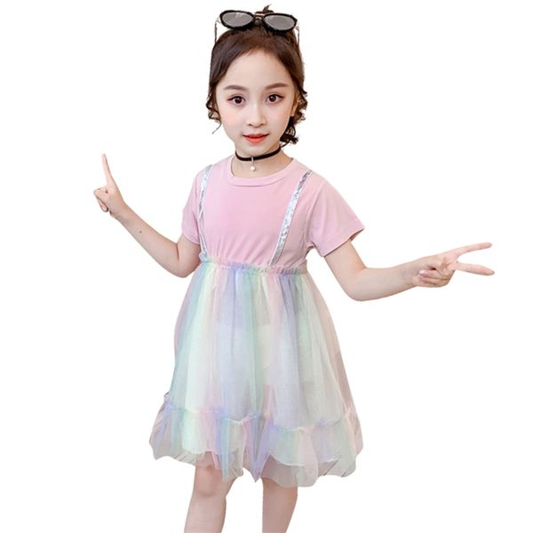 

kids dresses for girls patchwork mesh children summer clothes 6 8 10 12 14 210527, Red;yellow