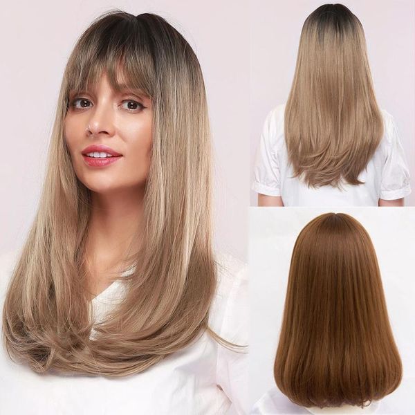 

synthetic wigs long ombre brown blonde straight hair with bang for women cosplay fiber, Black