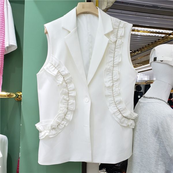 

[ewq]spring new women casual loose turn down collar solid color loose short minimalist sleeveless ruffles vest coat 16f0740 210423, Black;white