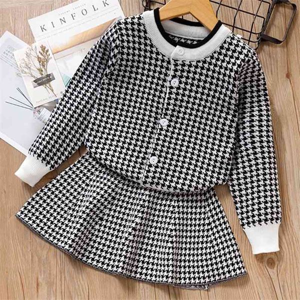 

girls autumn dress winter kids girl party long sleeve knitted skirt plaid cute children knitwear 2pcs 210429, White