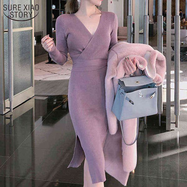 

autumn and winter korean new v-neck midi sweater dresses split slim thin long sleeve wool knitted dresses pull femme 11739 g1214, Black;gray
