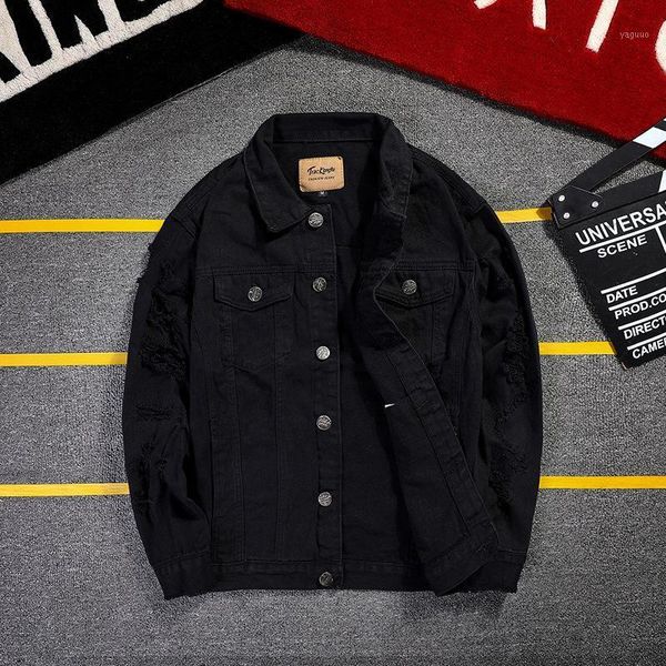 

autumn men's jean jacket slim fit cotton denim red white black ripped hole coats men cowboy youth 5xl jackets, Black;brown
