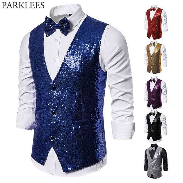 Royal Royal Azul Sequin Vestido Coletes Homens Slim Fit V Neck Glitter Smoking Colete Mens Casamento Festa de Casamento Estágio Veste De Promete com Bowtie 210923