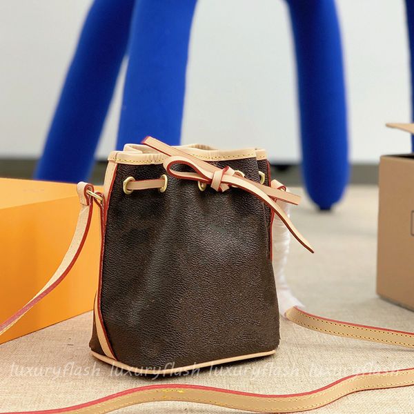 

fashion nano mini drawstring bucket bags designer brown retro shouler cross body with letters print ladies messenger bag coin purse wholesal