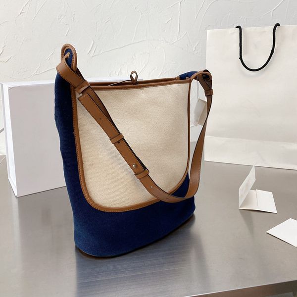 

lady shoulder bags 2021 new style women backet handbags famous designer high-quality canvans solid patchwork panelled blue and beige shoppin