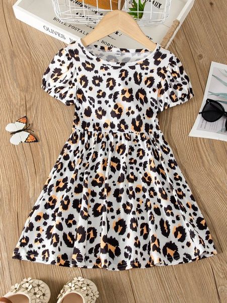 

toddler girls leopard puff sleeve dress she, Red;yellow