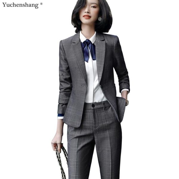 Abiti da donna Blazer Moda Donna Grigio Albicocca Plaid Tailleur pantalone El Interview Office Lady Business Wear Set e pantaloni Set da 2 pezzi