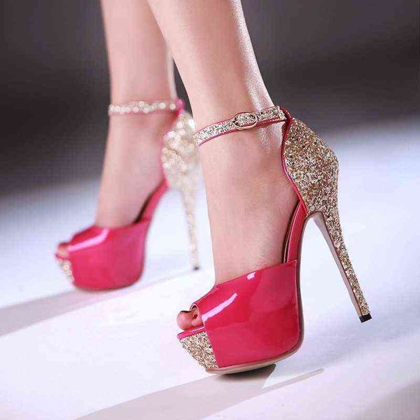 

women's novelty thick heel fish mouth with sequined stiletto sandals, Black