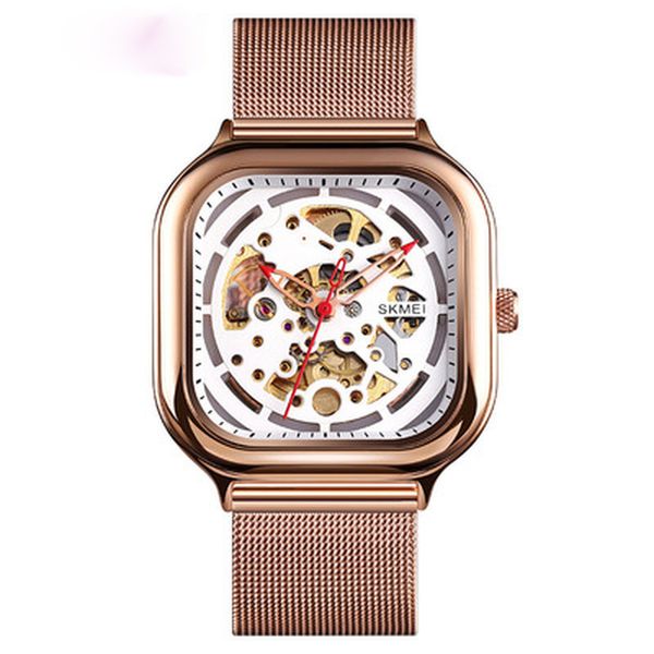 

square creative fashion new automatic hollow mechanical watch men's genuine waterproof mechanical watch men (golden)