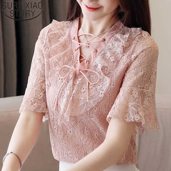 Koreanische Modekleidung Spitzenbluse weißes Hemdbluse Damenoberteile Blusen Schleife solide V-Ausschnitt Harajuku Damenoberteile 3104 50 210527