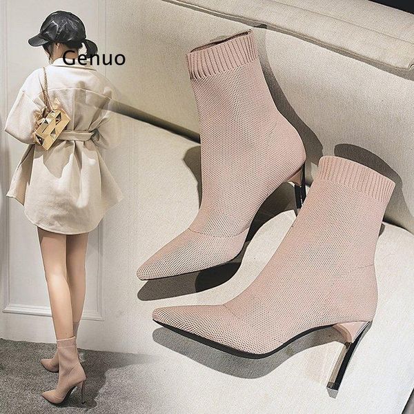 

boots high heels socks women stretch fabric elastic pointed ankle shoes, Black
