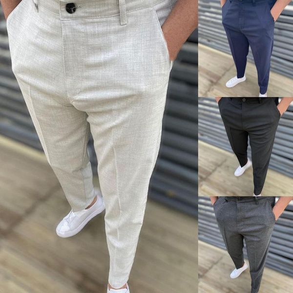 

men's pants men casual business solid spring autumn fashion slim fit long trouser for mid waist buttoned design streetwear, Black