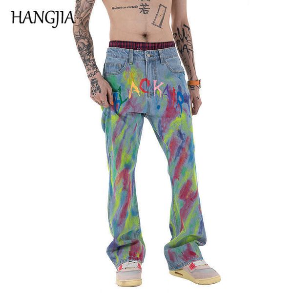 

hip hop hand-painted graffiti flare jeans harajuku high street slim fit flare pants jeans mens fashion washed denim pant women c0607, Blue