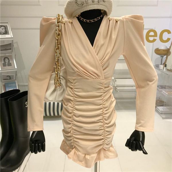 

casual dresses bubble sleeve tight pleated hip dress women's winter 2021 niche design cross v-neck slim, Black;gray