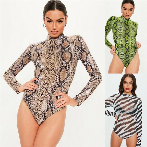 

women turtleneck sheer mesh long sleeve leotard bodysuit leopard snake skin zebra print bodycon clubwear jumpsuit one-piece suits