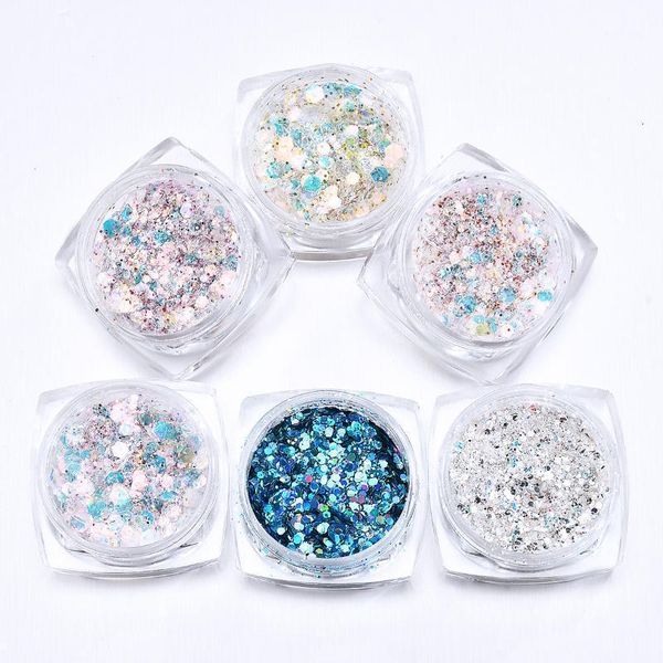

6pcs set holographic laser nail glitter powder colorful flake shine ultra thin chrome tips art pigment sequin dust1, Silver;gold