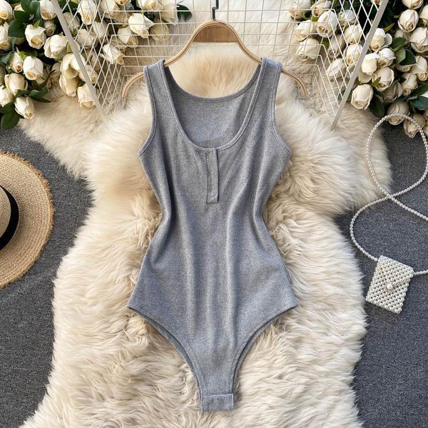 

foamlina women's bodysuit solid o-neck sleeveless summer slim stretch rib knit tank button up casual female romper bodysuits jumpsuits, Black;white