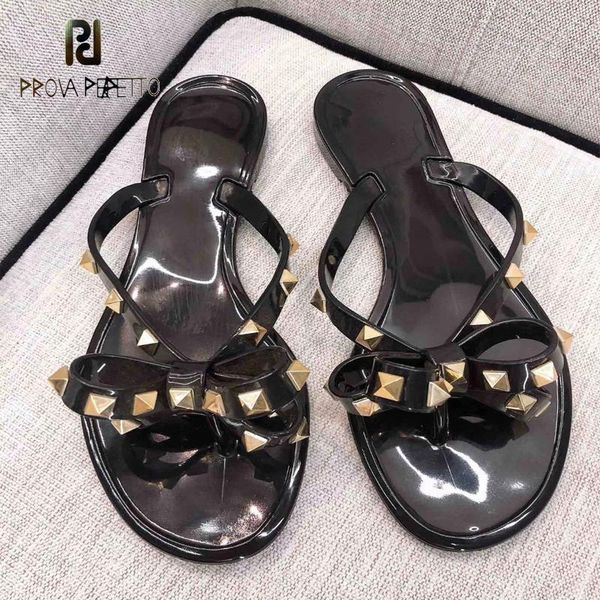 

slippers summer style flat-bottomed jelly color bowknot rivet women casual all-match beach sandals and, Black