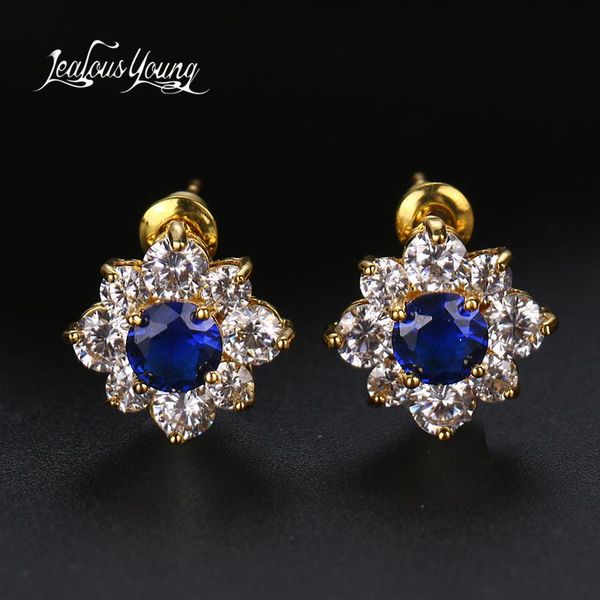 

fashion round zirconia stud earrings elegant gold color red blue stone studs for women girl jewelry, Golden;silver