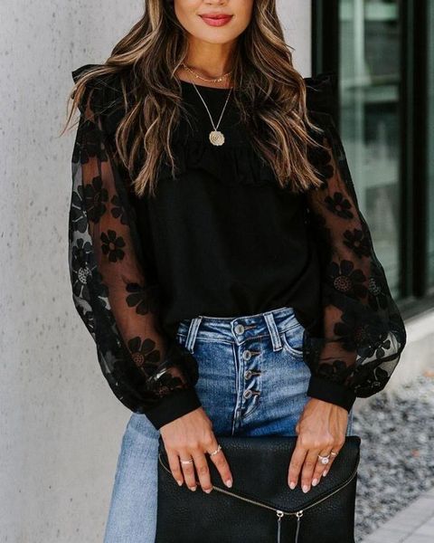 

women's blouses & shirts woman mesh patchwork round neck long sleeve blouse fashion black lace transparent flower bubble pullover, White