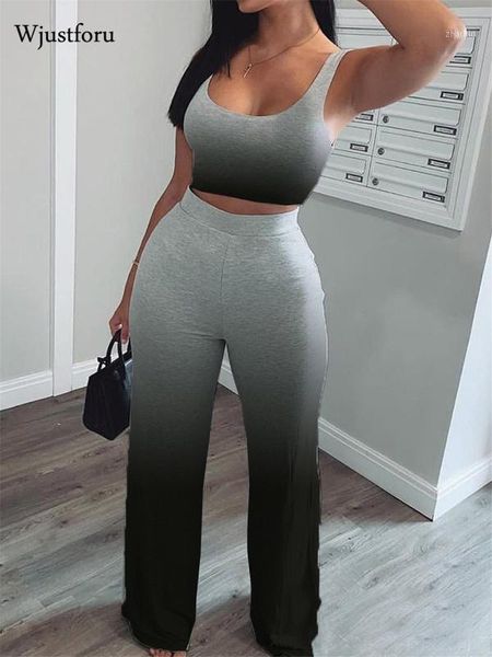 

wjustforu 2 piece set women gradient casual sleeveless cropped crop streetwear high waist slim wide leg pants outfits1, Gray