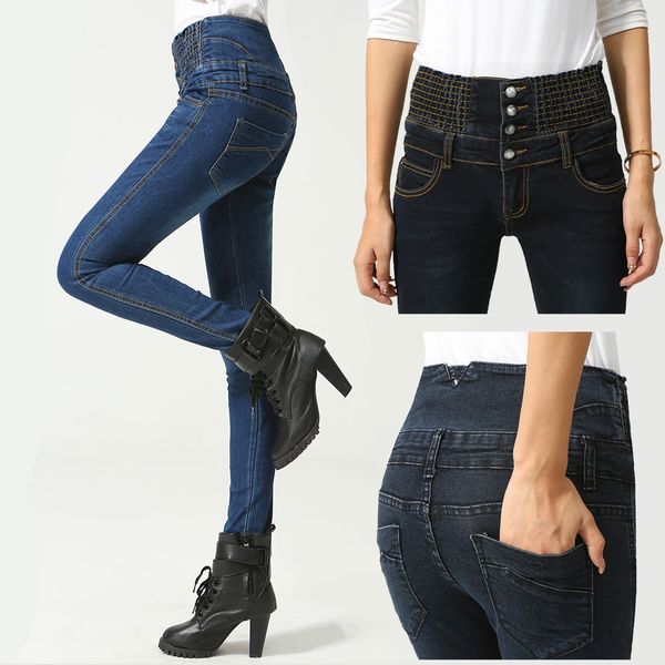 

women's jeans elastic waist high show thin leg pants large size customized, Blue