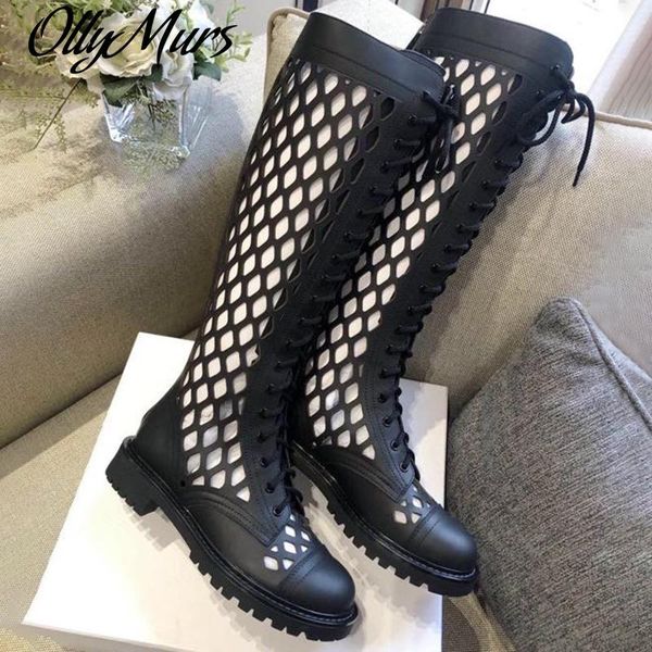 

ollymurs knee-high boots brand design square heels leather women shoes fashion lace-up long boot hollow out, Black