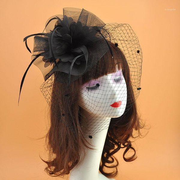 

fashion flower hair clip black red women feather fascinator headpieces wedding tea party veil hat accessories1