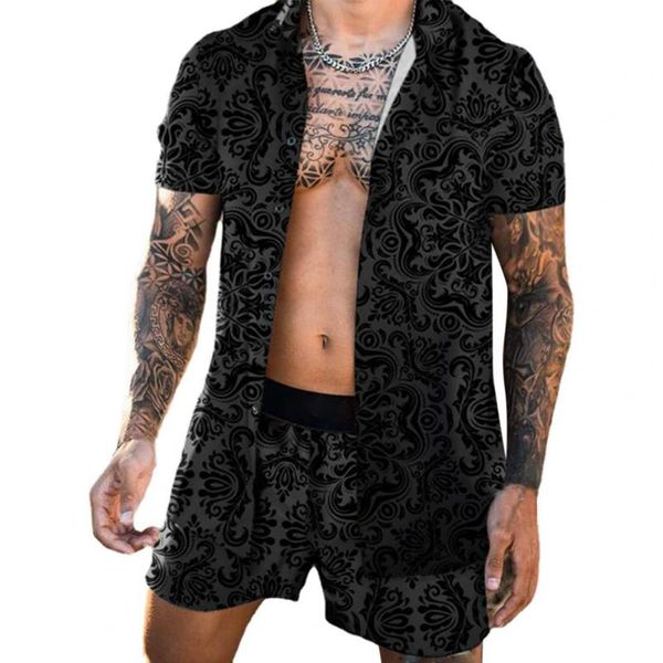 

men's sleepwear 2021 summer men pajamas print quick dry hawaii two piece single-breasted lapel short sleeves shirt shorts set outfit ca, Black;brown