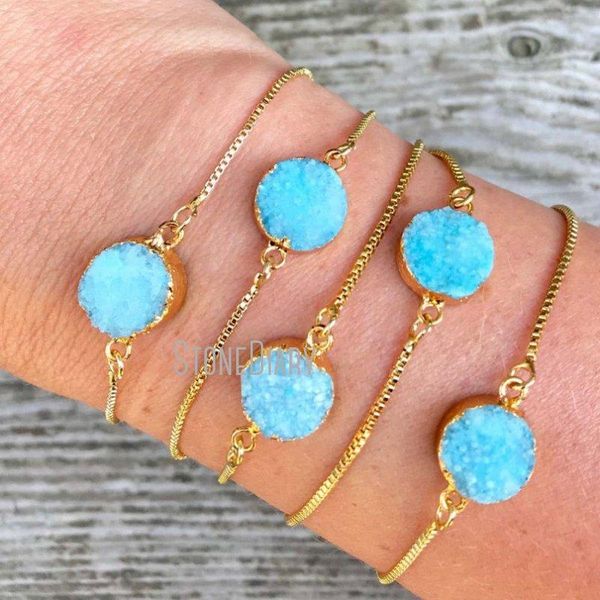 

link, chain bm27701 aqua druzy minimalist gold box circle disc charm adjustable teal stone layering bracelet boho bridesmaid gift, Black