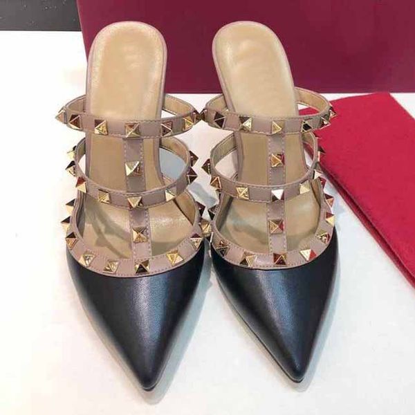 

matte rivet high heels sandals women shoes genuine leather slingback pumps ladies fashion rivets with box 34-41, Black