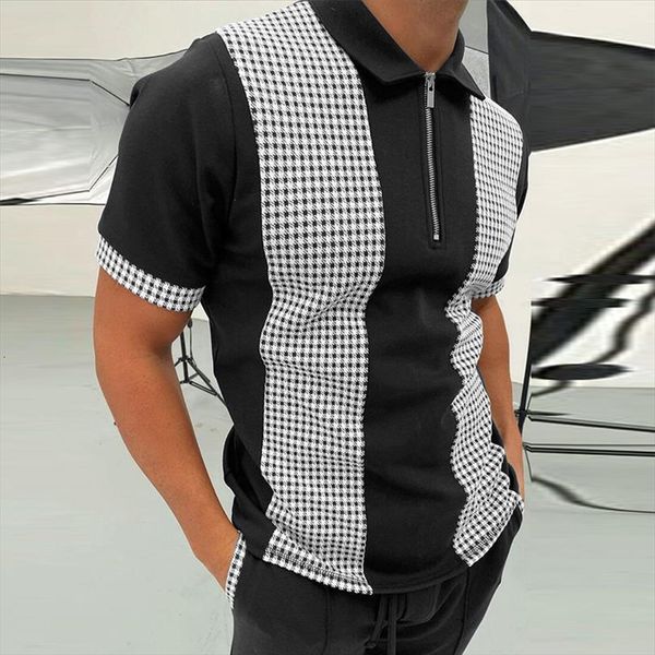 

fashion shirts short sleeve men polos zipper patchwork lattice turn down collar shirt summer casual streetwear, White;black