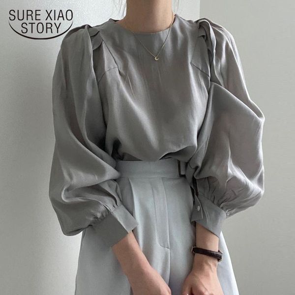 

women's blouses & shirts 2021 autumn long sleeve loose shirt women french simple round collar clothes cotton blouse blusas 16188, White