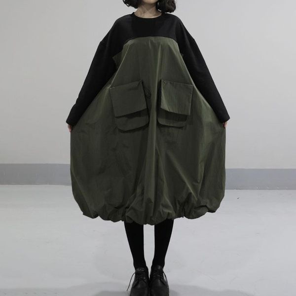 

casual dresses stitched dress autumn 2021 spring loose waist big size long lantern sleeved tide vintage black ol, Black;gray