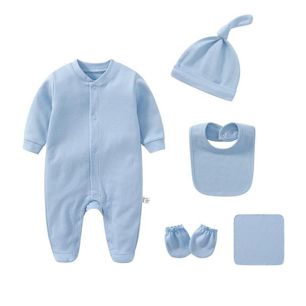 

6pcs bodysuit set 2021 born baby girls boys autumn solid clothes long sleeve rompers +hat +bib outfits clothing sets, White