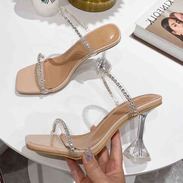 

sandals fashion crystal embelished strappy slippers cup high heel party shoes square open toe dress mules fjln, Black