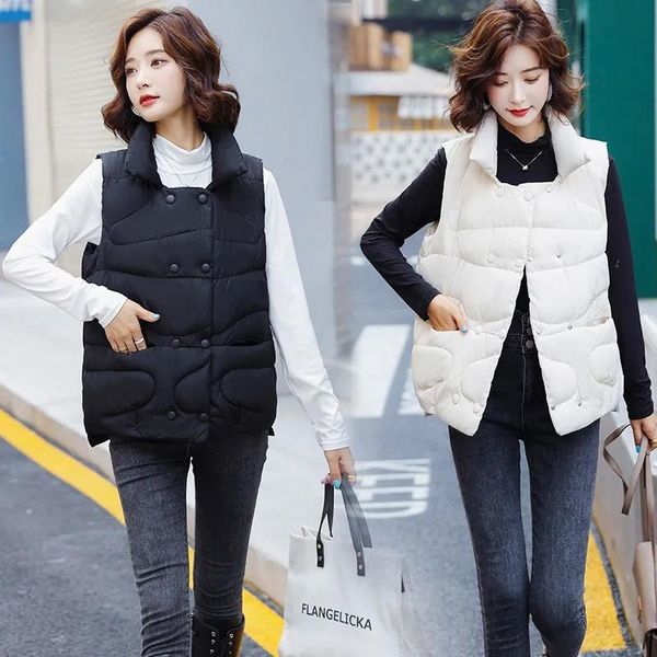

women's vests turn down collar women autumn winter vest solid zipper pockets ladies loose sleeveless jacket thick waistcoat female, Black;white