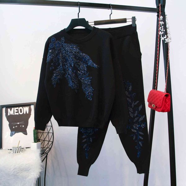 

women's two piece pants black gray knitted sweater women's clothes 2pc handwork sequins flowers pencil pants set loose woman', White