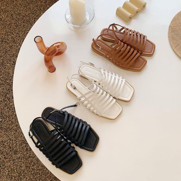 

hollow out gladiator sandals women slides pigskin summer shoes woman flat narrow band sandalias femme roman weave sandales 2021, Black