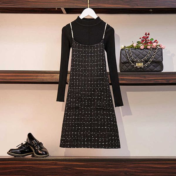 

two piece dress women spring black sweater + sling tweed 2 suits long sleeved plaid wool 2pcs casual set 8kki, White