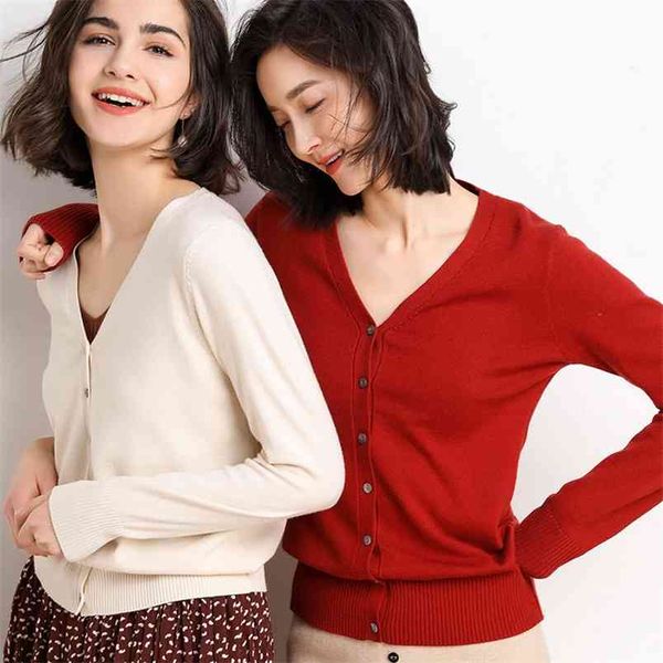 

women knitted sweater cardigan korean style v neck autumn long sleeve coat female red black wild ladies clothing minimali 210517, White
