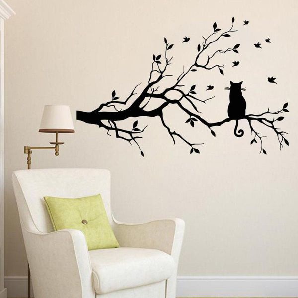 

wall stickers animals art cat on long tree branch decal removable diy background mural living room home decoration