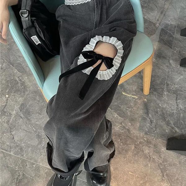 

women's jeans autumn korean version pants hollow bow straight high waist loose wide-leg casual women'pants, Blue